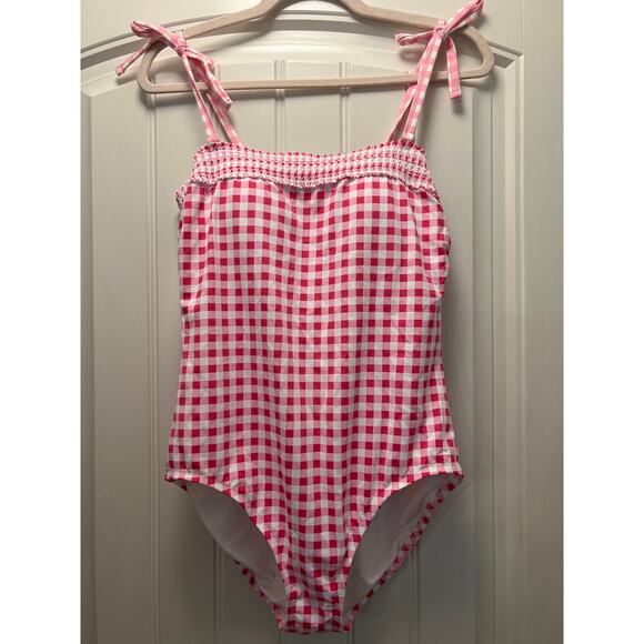 Lands’‎ End Women’s Draper James Bathing Smocked One-Piece Suit Sz 10 White Pink - Picture 1 of 3